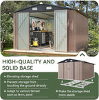 Aoxun 10x12 FT Galvanized Steel Outdoor Storage Shed with Base, Lockable Door & Sloped Roof, Metal Storage Shed Waterproof Tool Storage House for Garden, Backyard, Patio, Poolside (Brown)