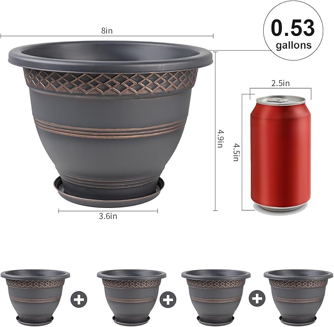 Usocik 6 Pack 8 Inch Plant Pots, Plastic Flower Pot for Indoor & Outdoor with Drainage Holes & Saucer, Plaid Pattern Planters Garden Pots for Herbs