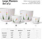 STHIE 4/5/6 Inches Ceramic Plant Pots with Drainage Holes and Saucers, Round Flower Pots for Indoor Plant, Small Flower Planters Set of 3 (White Floral-Big Size)
