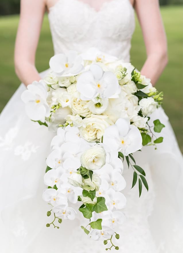 4PCS Faux White Orchid Artificial Flowers, 35inch Long Stem White Fake Orchid, Realistic Phalaenopsis Flowers for Tall Vase Home Wedding Party Decoration