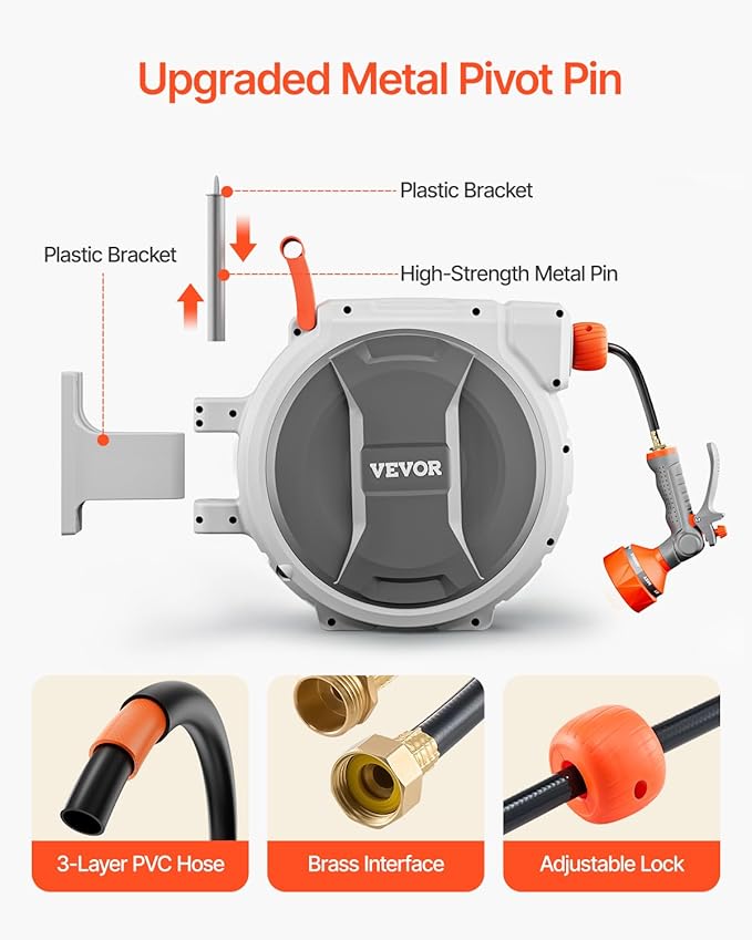 VEVOR Retractable Garden Hose Reel, 1/2 Inch x 65 ft Wall Mounted, Heavy Duty Garden Hose Reel with 9 Patterns Nozzle, Any Length Lock, Upgraded Slow Return System and 180°Swivel Bracket