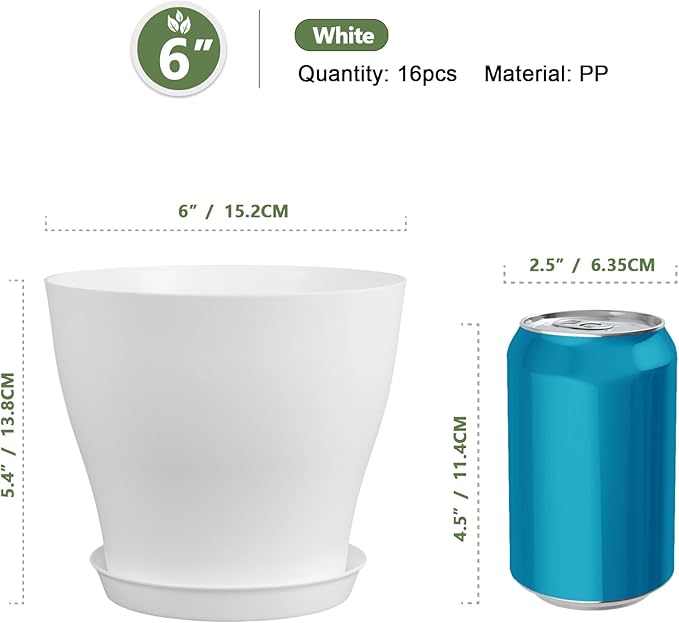 Meowell 6 inch Plastic Nursery Pots, 16 Pack Plant Pots for Small Indoor Outdoor Plants, Flower Pots with Drainage Holes and Saucers, Decorative Seedling Starter Planters for House Plants, White