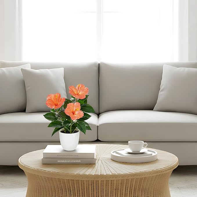 Briful Artificial Hibiscus Flowers in Pot, 14.5’’ Faux Hibiscus Plant, Spring Summer Flowers for Home Decor, Farmhouse Table Decor & Coffee Table Decor, Indoor Potted Fake Flower, Peach