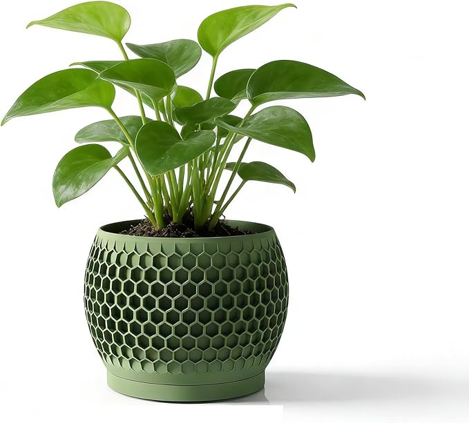 Plant Pots, Modern 3D Printed Honeycomb Planters for Indoor Plants, 4.7 Inch Military Green Decorative Flower Pot for Office Desktop, Bookshelf & Home Decor, Lightweight & Durable.