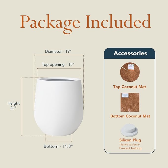 21" H x 19" D Premium Corso Fiberstone Round Tapered Planter with Drainage Hole, Weather Resistant for Indoor and Outdoor Use, Included 2 Extra Coco Mats (White, 15" Pot Opening)