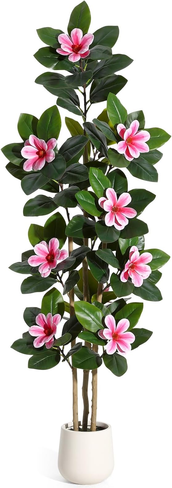 GarveeHome Faux Rubber Tree, 72 Inch Artificial Plants Indoor with Real Touch Leaves and Multi Trunks, Artificial Tree Fake Potted Plants with Pink Flowers for Home Decor Office Living Room