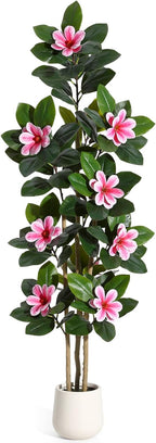 GarveeHome Faux Rubber Tree, 72 Inch Artificial Plants Indoor with Real Touch Leaves and Multi Trunks, Artificial Tree Fake Potted Plants with Pink Flowers for Home Decor Office Living Room