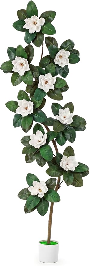 Jexine 7 ft Artificial Rubber Tree with 9 Magnolia Flowers in Pot Extra Tall Faux Magnolia Tree Fake Plant Indoor Floor Plant for Indoor Living Room Office Home Decor