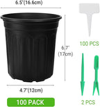 100 Pack 1 Gallon Flexible Plant Nursery Pots, Thickened Soft Plastic Plant Pots with 100Pcs Waterproof Plastic T-Type Plant Tags and 2Pcs/Set Transplanting Digging Mini Tools(Black)