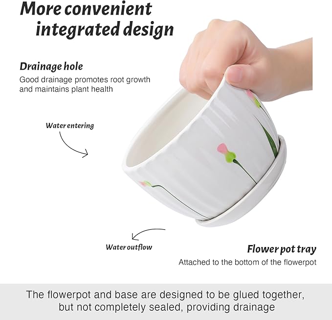STHIE 4/5/6 Inches Ceramic Plant Pots with Drainage Holes and Saucers, Round Flower Pots for Indoor Plant, Small Flower Planters Set of 3 (White Floral-Big Size)