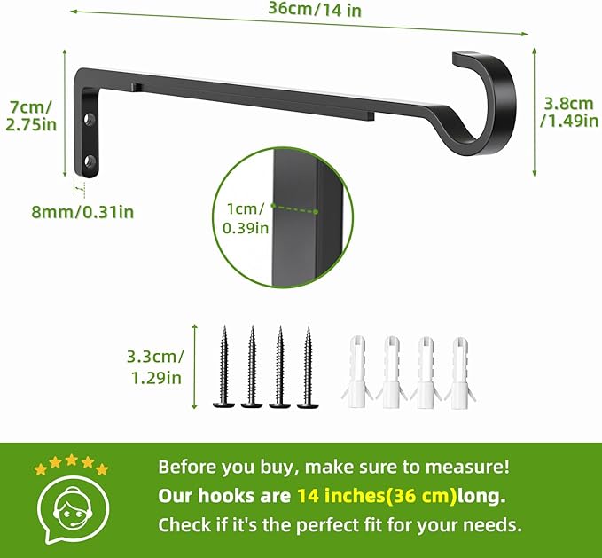 saffruff 14 Inch 2 Pack Heavy Duty Outdoor Plant Hangers for Hanging Baskets, Iron Plant Brackets Outside, Metal Plant Wall Hooks for Lantern, Bird Feeder