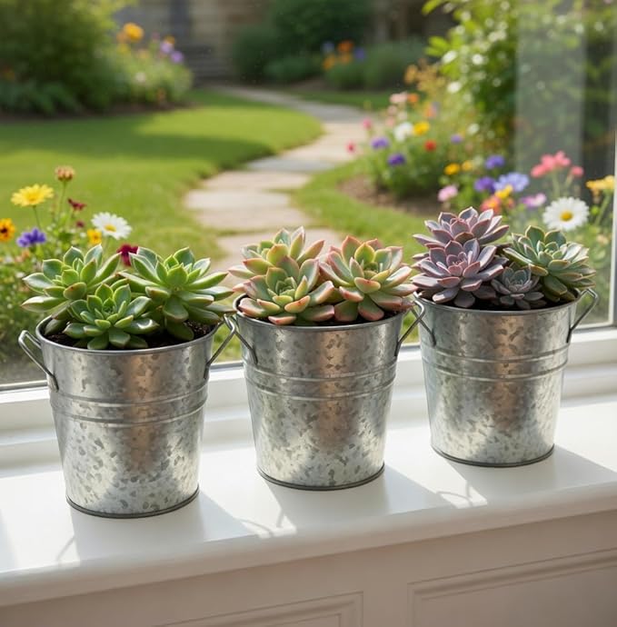 Hosley Set of 3 Galvanized Metal Planters – Rustic Farmhouse Flower Pots with Liner for Indoor, Outdoor, Patio & Wedding Decor
