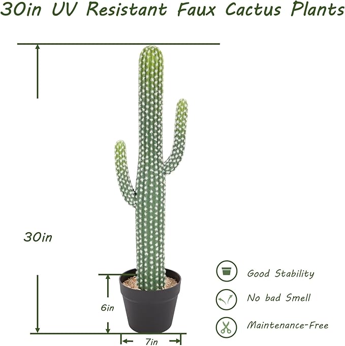 Nafresh UV-Resistant Artificial Fake Cactus Plants 30in – 2 Pack Large Faux Cowboy Cactus for Indoor & Outdoor Home, Office, or Garden Decor