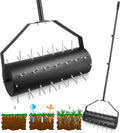 18-inch Rolling Lawn Aerator Tool, 50"-70" Handle Heavy Duty Spike Aerator with Sandbag, 40 Iron Spikes Tighten with Patience, Manual Rolling Aerator Lawn for Yard Garden