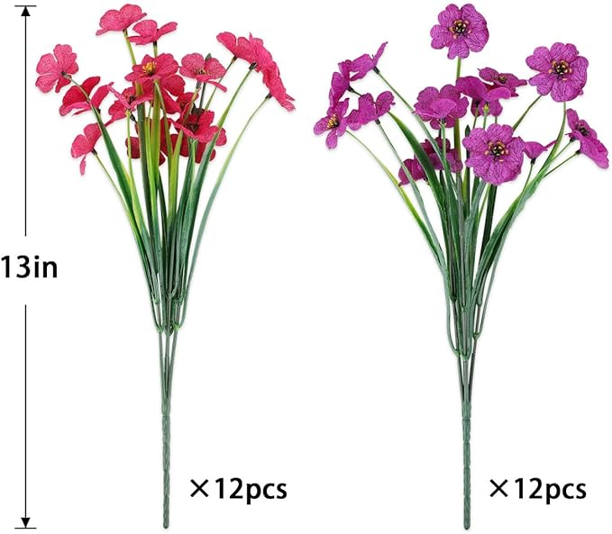 24 Bundles Artificial Flowers for Outdoors, Realistic Fake Silk Flowers for Outside Decoration, No Fade Faux Plants Outdoor Planter Window Box Porch Patio Decor(Purple+Rosy red)
