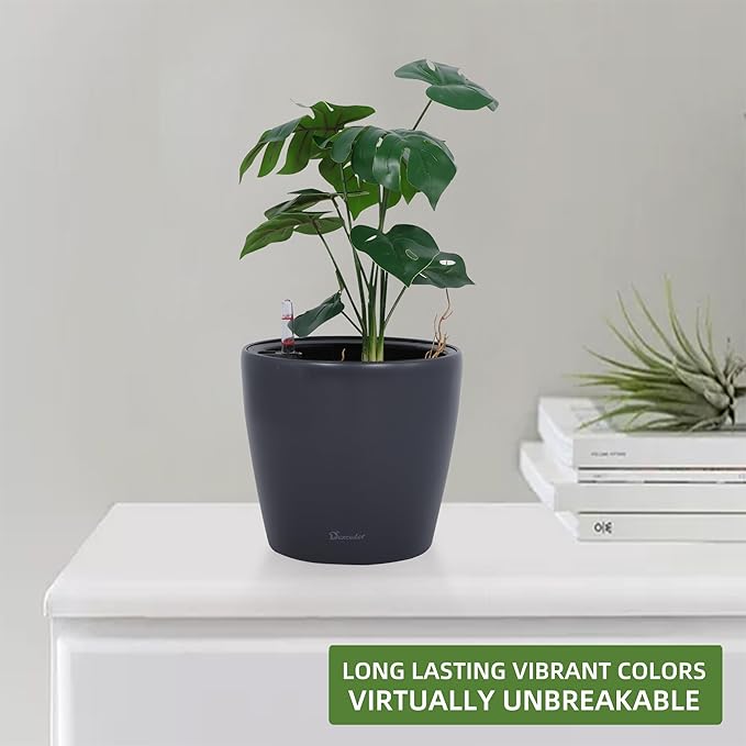 Dexceder 11x10 Self Watering Planter (Slate Gray Matte) | Inner Pot Design, Thickened Table Flower Plant Pot with Water Level Indicator Indoor Outdoor