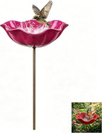 Handmade Metal Flower Garden Stake Bird Bath, Hummingbird Feeder, Bee & Butterfly Puddler, Mini Pollinator Watering Station for Garden Patio Lawn Yard Decor, Rose red, 1PCS