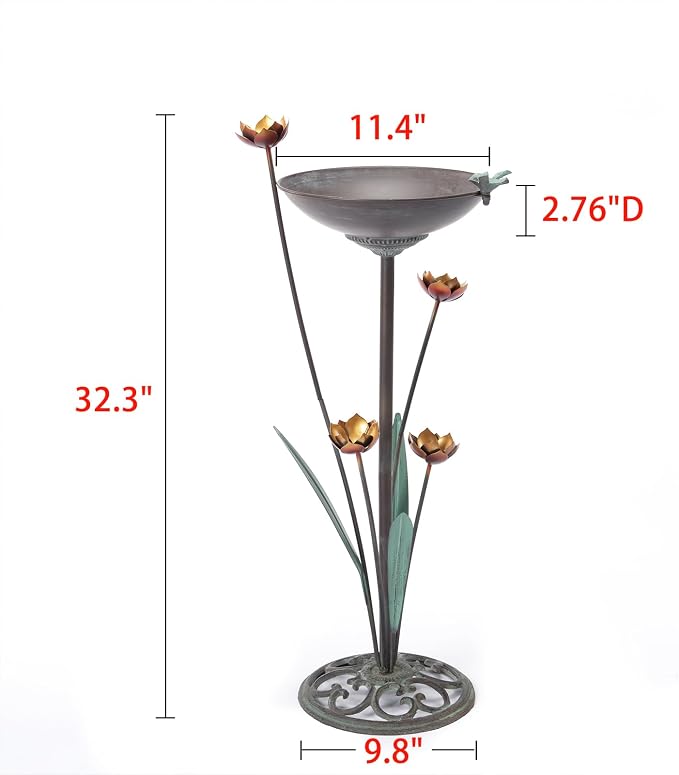 HOUYANG Diam 11.4" W x 32.3" H Cast Iron Pedestal Bird Bath, Bird Baths for Outdoors,Vintage Metal Bird Bath Garden Yard Decoration