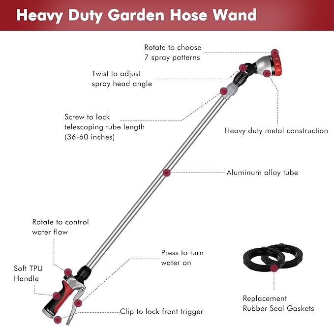 RESTMO 36”-60” Metal Watering Wand, Long Telescopic Tube | 180° Adjustable Ratcheting Head | 7 Spray Patterns | Flow Control, Perfect Garden Hose Sprayer to Water Hanging Baskets, Shrubs, Red