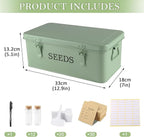 Seed Storage Organizer, 4 Compartment Seed Storage Box with Safety Lock, Metal Seed Box Seed Packet Container with 1 Pen, 12 Slots, 20 Plant Labels & 30 Seed Envelopes, Green Gardening Gift