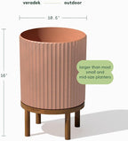 Veradek Demi Series Round Planter w/Stand for Porch/Patio | Durable Plastic-Stone Composite & Wooden Stand | Modern Décor for Tall Plants, Flowers