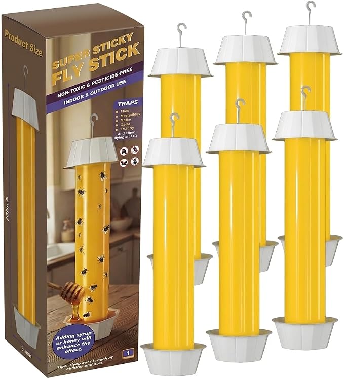 Sticky Fly Traps Indoor Outdoor 6 Pack, Super Sticky Hanging Hook Non-Toxic Fruit Fly Traps for Wasps Insects Moths Mosquitoes Fruit Flies Spiders Fleas Bugs and Gnats,Family and Pet Safe