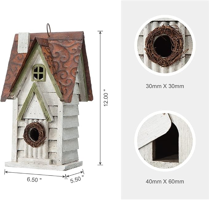 Glitzhome Bird Houses for Outside, 12" H Washed White Distressed Solid Wood Cottage Bird Nesting Box Hanging Bird House for Outdoors, Decorative Birdhouse for Bluebird Wren Sparrow Finch Cardinal