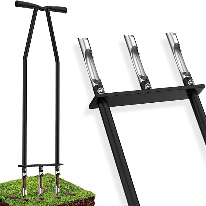 VASALAID Lawn Aerator Tool, Manual Core Lawn Aerator with 3 Stainless Steel Hollow Tines, Heavy Duty Grass Aerating Tool for Compacted Soil & Lawn Care