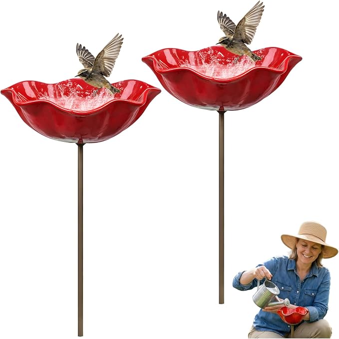 Handmade Metal Flower Garden Stake Bird Bath, Hummingbird Feeder, Bee & Butterfly Puddler, Mini Pollinator Watering Station for Garden Patio Lawn Yard Decor (Red, 2PCS)