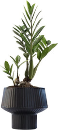 Wide Top Modern Handmade Metal Indoor Planter with Unique Shape, Vertical Grooved Design and Anti-Scratch Pads, Rust-Resistant Finish that is Sustainable Non-Plastic Pot Recyclable Metal Vase (Black)