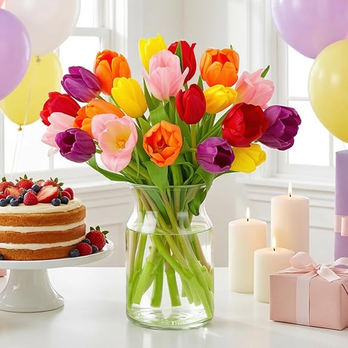 Benchmark Bouquets - Rainbow Tulips - Fresh Flowers for Delivery - Mothers Day Flowers for Mom - Mothers Day Gifts - Birthday Flowers for Women - Glass Vase Included (20 Stems)