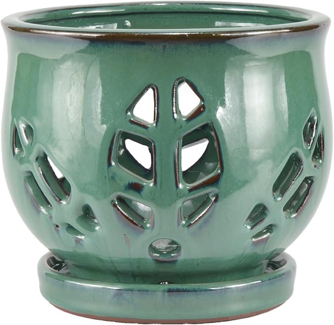 W&W Orchid Pot with Holes and Saucer for Repotting, Green, 6.5"