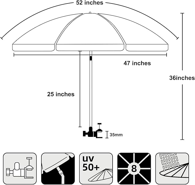 AMMSUN XL Chair Umbrella with Universal Clamp Adjustable 47 inches and 360-degree Swivel UPF 50+, Portable Clamp on Camping or Beach Chair, Stroller, Wheelchair, Golf cart, Blue, 2 PACK