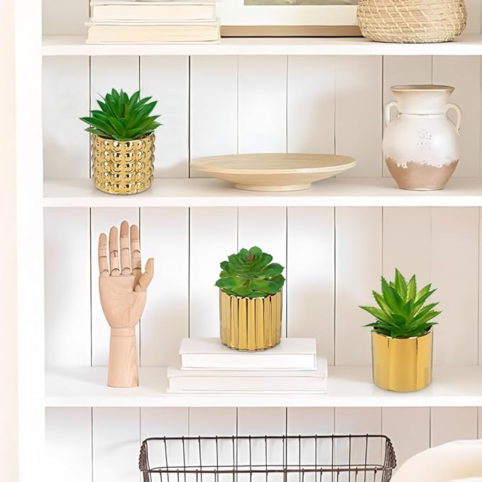Briful Succulents Plants Artificial in Gold Ceramic Pots (Set of 3), Small Fake Plants for Home Office Desk Decor – Modern Mini Potted Succulents for Bathroom, Bedroom, Living Room Table, Shelf