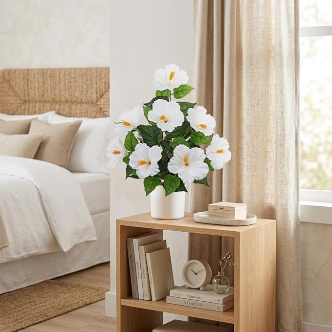 Briful Artificial Hibiscus Potted Plant 20.8” Tall, Realistic Silk Hibiscus Flowers Farmhouse Table Decor, Faux Tropical Flower Plant in Pot for Living Room Table, Entryway, Office, Home Decor, White