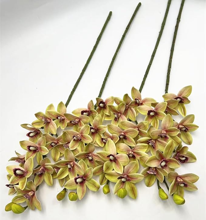 4pcs Artificial Cymbidium Orchid Flower Plant 3D Print Vanda 10 Heads Latex Phalaenopsis Flower (Green Yellow)