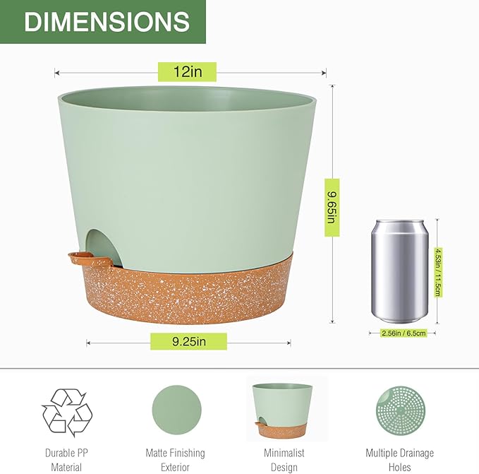 SwinDuck 12inch Large Self Watering Plant Pot, Plastic Cylinder Planter with 60Oz Deep Reservoir and Saucer for Indoor Outdoor Plants Flowers Houseplants, Green with Brown