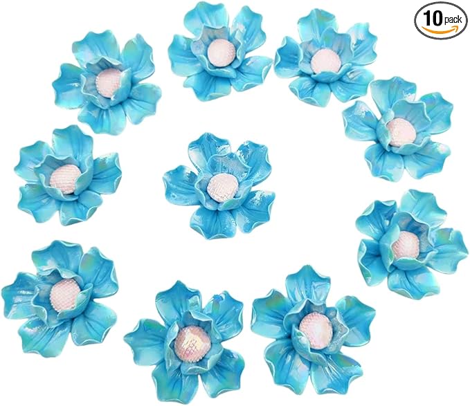 10 PCS 3D Flower Ceramic Tiles,1.6" Handmade Procelain Ceramic Flowers for Artwork,Fish Tank,Vases,Living Room, Dining Table,Office, Home Floral Decor (Double-Flowered Iridescent Blue)
