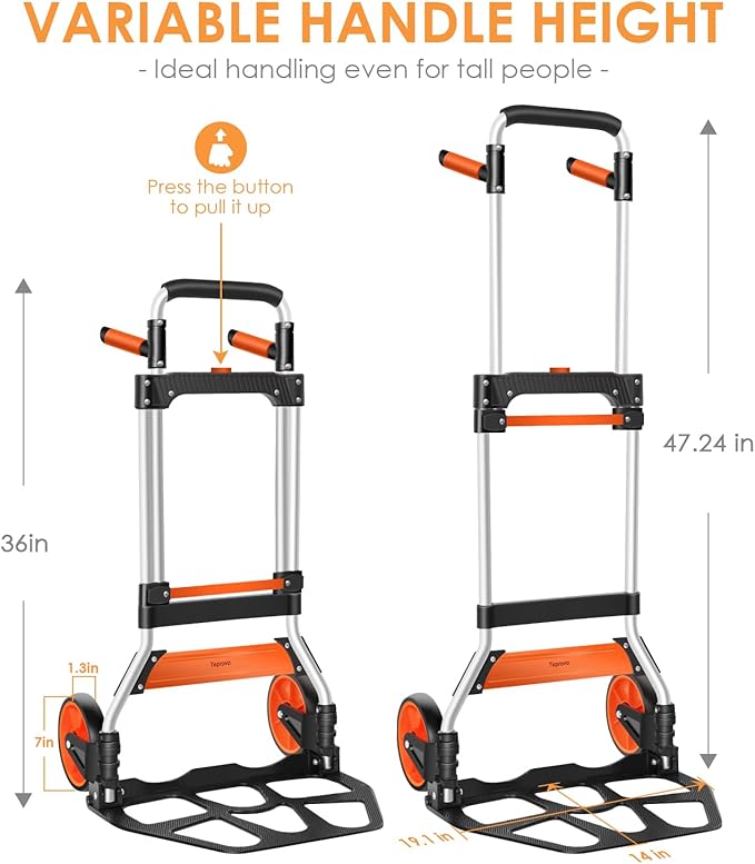 Teprovo Dolly Cart, 309 lb Aluminum Folding Hand Truck with Swivel Handle, Heavy Duty Utility Dolly Foldable Trolley with Elastic Cord, 7 Inch Wheels for Moving, Warehousing, Shopping and More