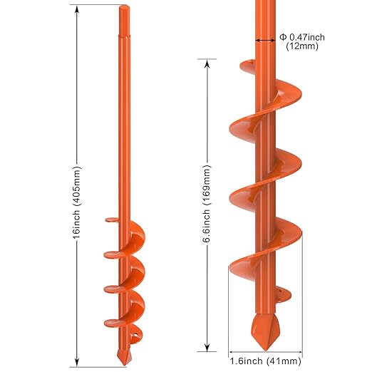 Insaga 1.6" x 16" Auger Drill Bit for Planting, 2.5mm Thick Spiral Earth Drill Garden Auger for Post Hole Digger, Solid Steel Bright Orange Powder Coated, Fit 3/8'' Hex Drive for Bulb Flower Garden