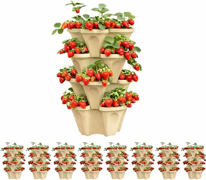 Vertical Garden Planter Stackable Tiered System 4 Plants per Pot, Space Saving Herb, Strawberry & Food Crop Planter with Center Support Hole for Indoor Outdoor Gardening (36, Desert Sand, Small)