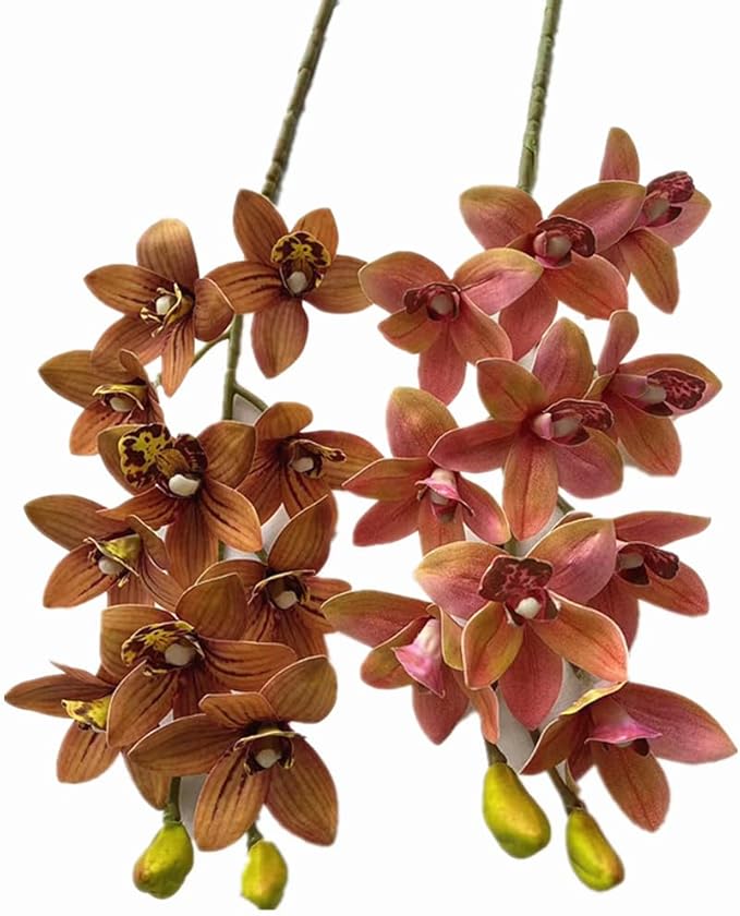 4pcs Artificial Cymbidium Orchid Flower Plant 3D Print Vanda 10 Heads Latex Phalaenopsis Flower (Orange Pink)