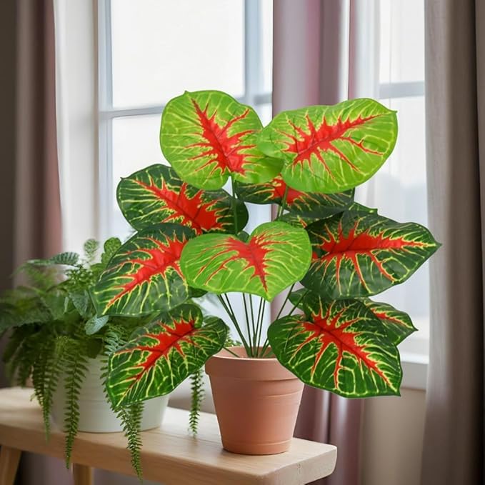 Artificial Caladium Plant with Red and Green Leaves, Red Leaf Artificial Plants Decoration Simulated Bonsai Potted Decor Home Room Party Wedding Office Floor(RedGreen(No Flowerpot), 60cm)