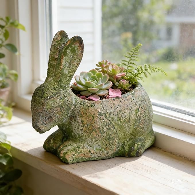 Vintage Cement Animal Planter Pots,Cement Succulent Planter,Indoor & Outdoor Garden Decor Rustic Shabby Flower Plants for Home,Patio,Balcony(Green Rabbit)