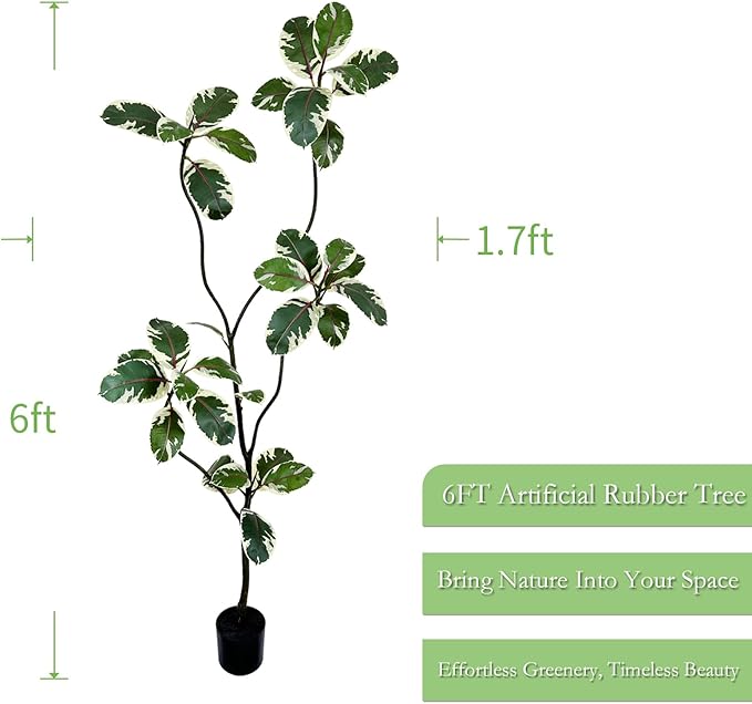 AfanD 6FT Artificial Rubber Tree – Realistic Variegated Ficus with Natural Trunk, Faux Indoor Plant for Living Room, Office, Bedroom & Commercial Decor, No Maintenance