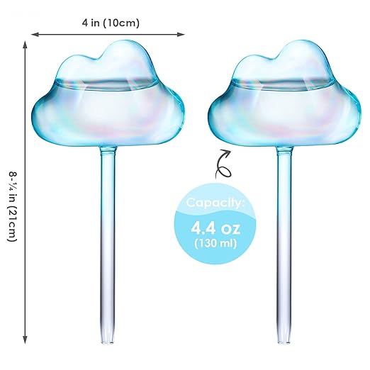 NiHome Glass Plant Self Watering Bulbs 2-Pack Cloud Shaped Clear Water Blue Iridescent Pearl Color Home Watering Globes Potted Planter Insert Decorative Device Vacation Watering Spikes Indoor Outdoor