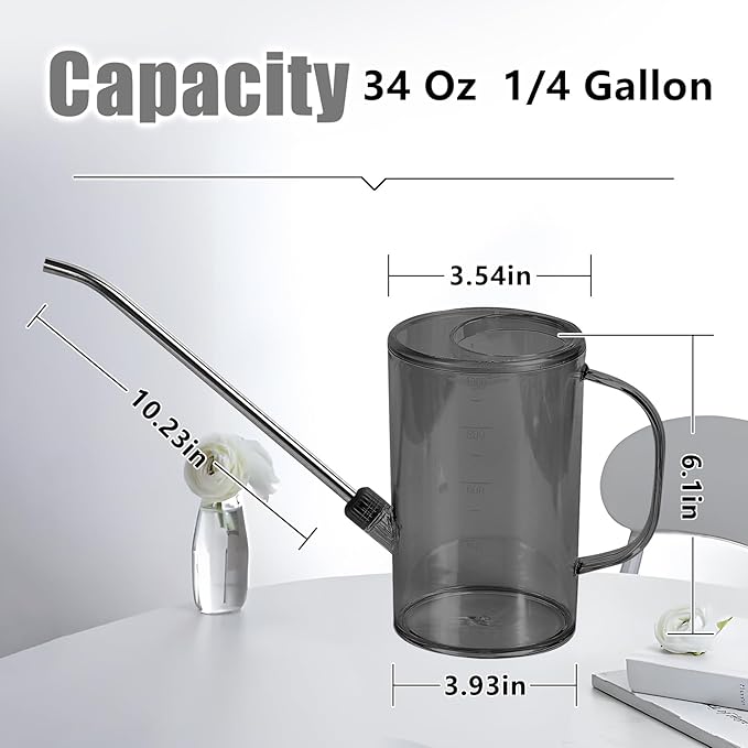 Plastic Watering Can - Small with Long Spout - 1/4 Gallon - 34 Oz - Grey