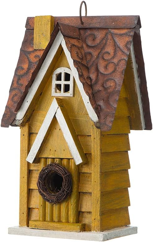 Glitzhome Bird Houses for Outside, 12" H Solid Wood Blue Bird House, Yellow Distressed Cottage Bird Nesting Box Decorative Birdhouse Hanging Bird House for Outdoors, Finch Swallow Wren Chickadee
