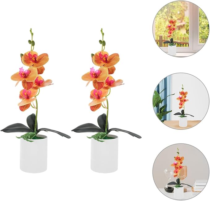 Artificial Moth Orchid Faux Potted Plant 2pcs Orange Realistic Desktop Faux Bouquet Ornament Home Décor Tabletop Flower Bonsai for Living Room Office