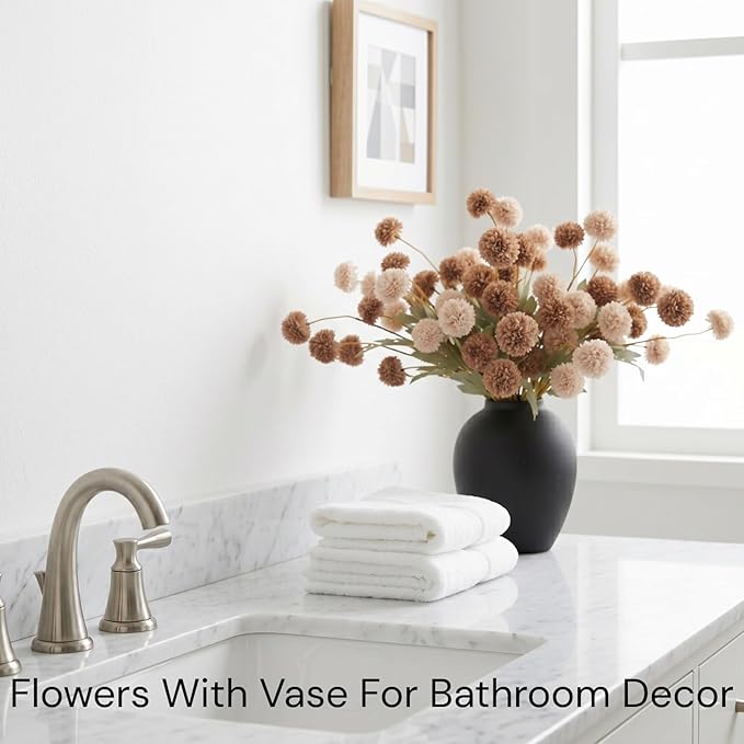 Artificial Flowers with Vase for Home Decor - Faux Mum Flower Arrangement Centerpiece, 12 Stems Beige and Brown Silk Flowers in Black Iron Vase for Dining Table Living Room Office Bedroom